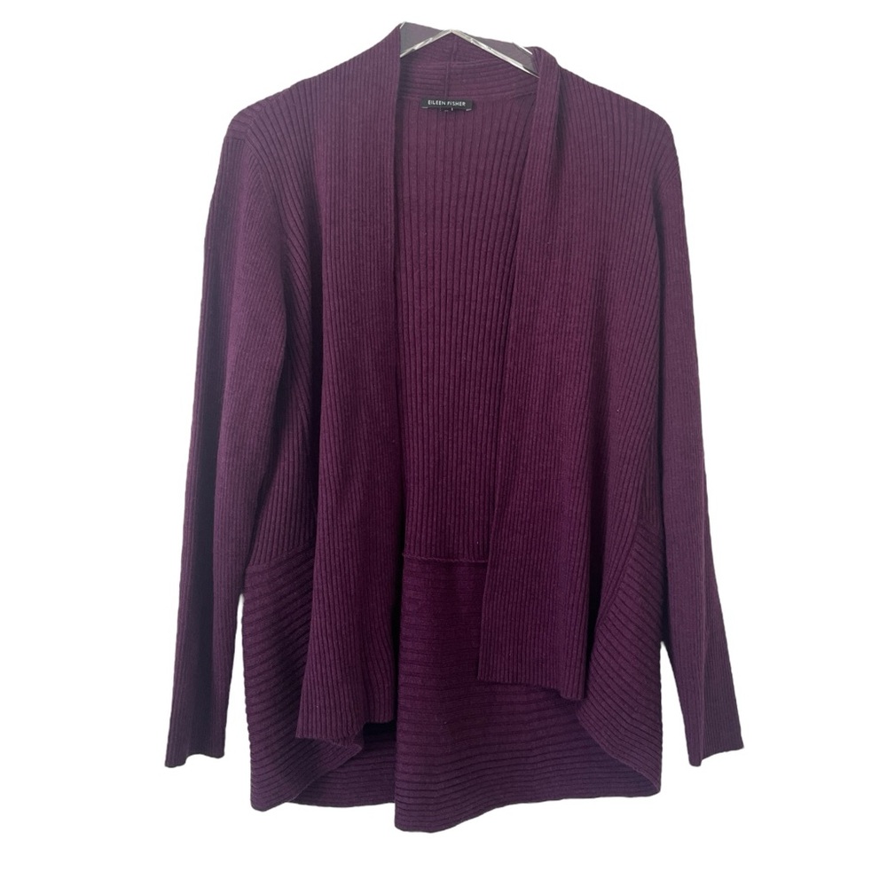 Eileen Fisher Women's Purple Open Knit Sweater Merino Wool Cardigan Size Large